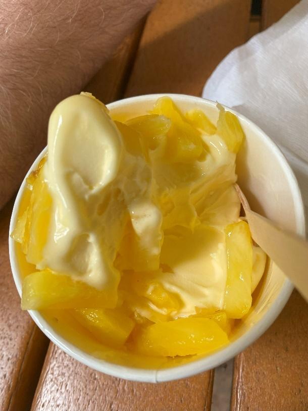 A cup of ice cream with pineapple slices

Description automatically generated