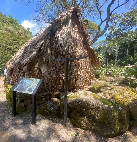 A thatched hut with a sign

Description automatically generated